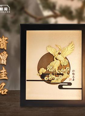 松鹤金箔画送老人长辈贺寿礼物