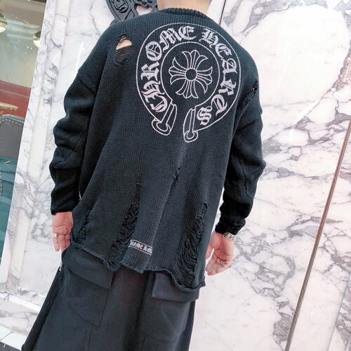 秋冬新款十字架印花羊毛圆领宽松大码毛衣破洞街头风针织衫男女款 - 图0