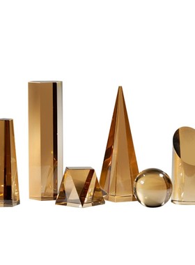 轻奢现代烟灰色几何水晶摆件样板房书房客厅水晶六件套简约装饰品