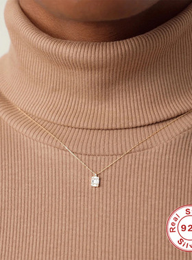 S925纯银方形吊牌镶钻气质通勤锁骨项链欧美时尚简约ins风锁骨链