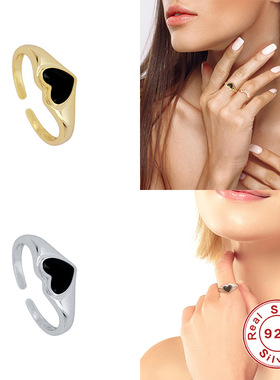 S925纯银爱心滴油开口戒指 跨境热销时尚简约ins风指环创意款戒指