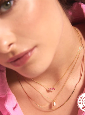 S925纯银个性方形彩色镶钻女士锁骨项链欧美法式风奢华高雅锁骨链