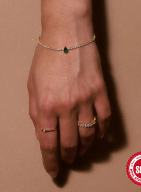 S925纯银网球镶钻CZ百搭女士手链欧美新款热销INS水滴设计感手链