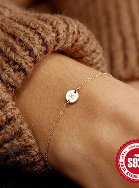 新款S925纯银圆牌刻字26个字母日常佩戴手链女跨境热销经典款手饰