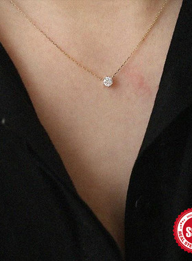 S925纯银镀金项坠百搭单钻锁骨链欧美时尚简约六爪款锆石银项链女