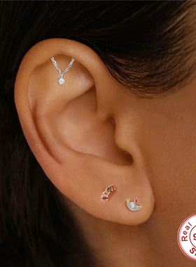 S925纯银镶钻流苏链条平头螺纹穿刺耳骨钉欧美时尚百搭INS风耳饰