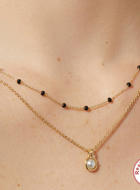 S925纯银气质个性双层叠戴百搭仿珍珠项链欧美热销法式复古锁骨链