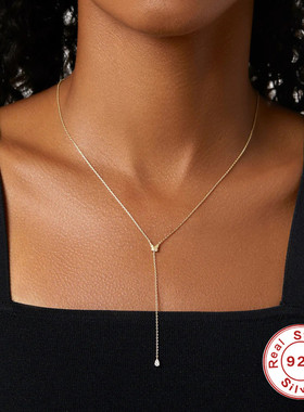 S925纯银圆牌光面吊坠蝴蝶链条镶钻锁骨项链韩版小众高级感锁骨链