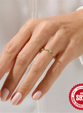 S925纯银小清新甜美戒指绿锆石戒环森系搭配日常轻奢多钻百搭戒指