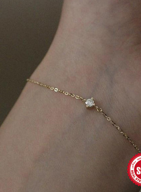 欧美时尚简约经典单钻S925纯银镀金手链 锆石超百搭日常气质细手