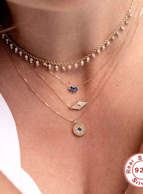 S925纯银百搭个性马眼蓝宝石扇形项链长款一字吊坠高贵惹眼锁骨链