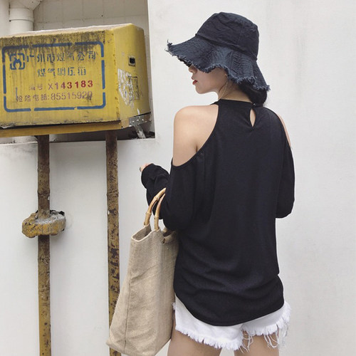 防晒罩衫别致长袖夏遮肉露肩设计感大码休闲上衣欧货宽松黑色罩衫 - 图0