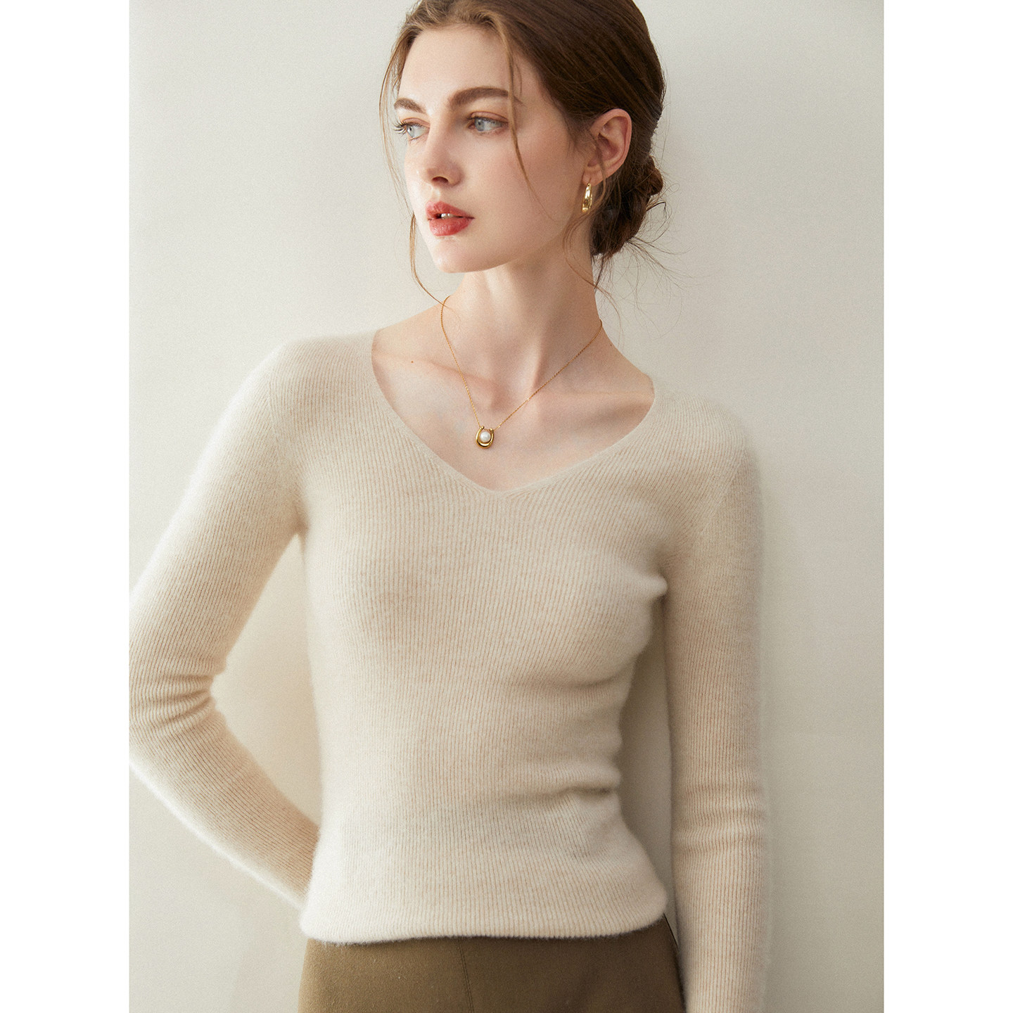 康赛妮纱修身一线抽条女纯羊绒衫V领紧身毛衣内搭针织打底衫上衣,淘宝优惠券,粉丝福利购,淘宝优惠卷