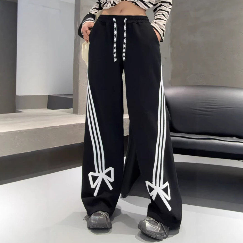 加绒时尚休闲运动直筒裤2025秋冬季新款蝴蝶结松紧腰长裤女弯刀裤,淘宝优惠券,粉丝福利购,淘宝优惠卷