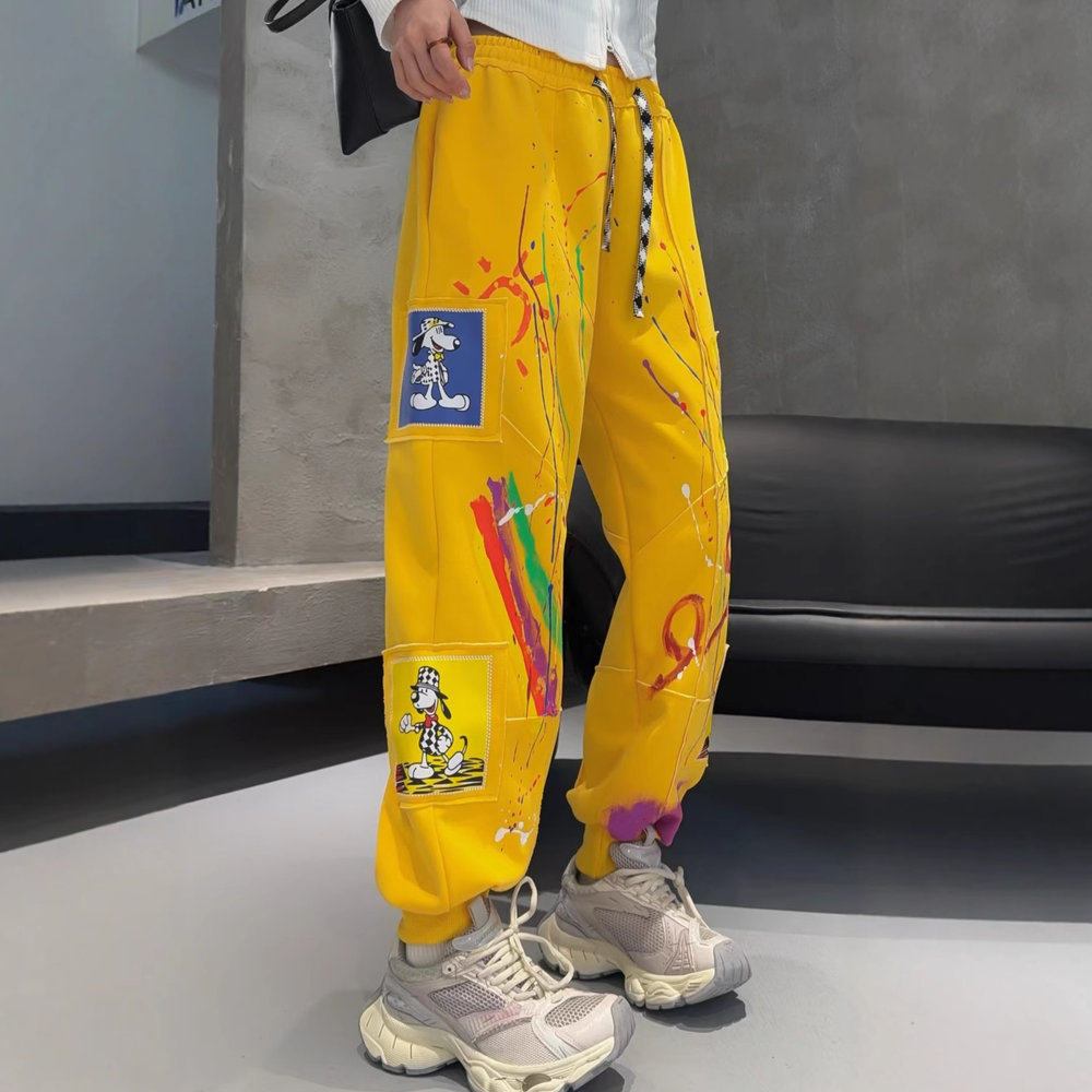 2026春季新款洋气个性彩绘涂鸦宽松卫裤女松紧腰抽绳束脚哈伦裤子,淘宝优惠券,粉丝福利购,淘宝优惠卷