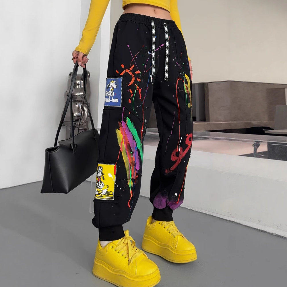 2026春季新款洋气个性彩绘涂鸦宽松卫裤女松紧腰抽绳束脚哈伦裤子,淘宝优惠券,粉丝福利购,淘宝优惠卷