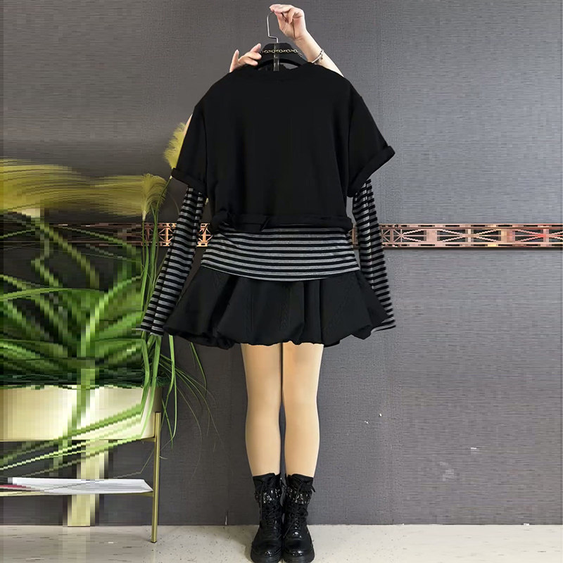胖mm显瘦拼接条纹上衣2026春季新款假两件衬衫大码女装半身裙套装,淘宝优惠券,粉丝福利购,淘宝优惠卷