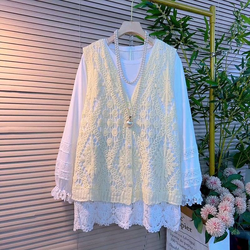 时尚大码女装钩花镂空马甲胖MM显瘦蕾丝拼接内搭春季新款针织马夹,淘宝优惠券,粉丝福利购,淘宝优惠卷