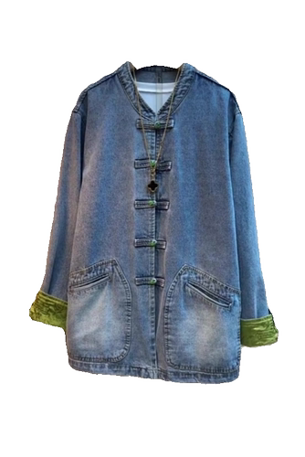 2024春新款微胖显瘦女装大码小众爆款新中式时尚设计牛仔外套衬衫 - 图3