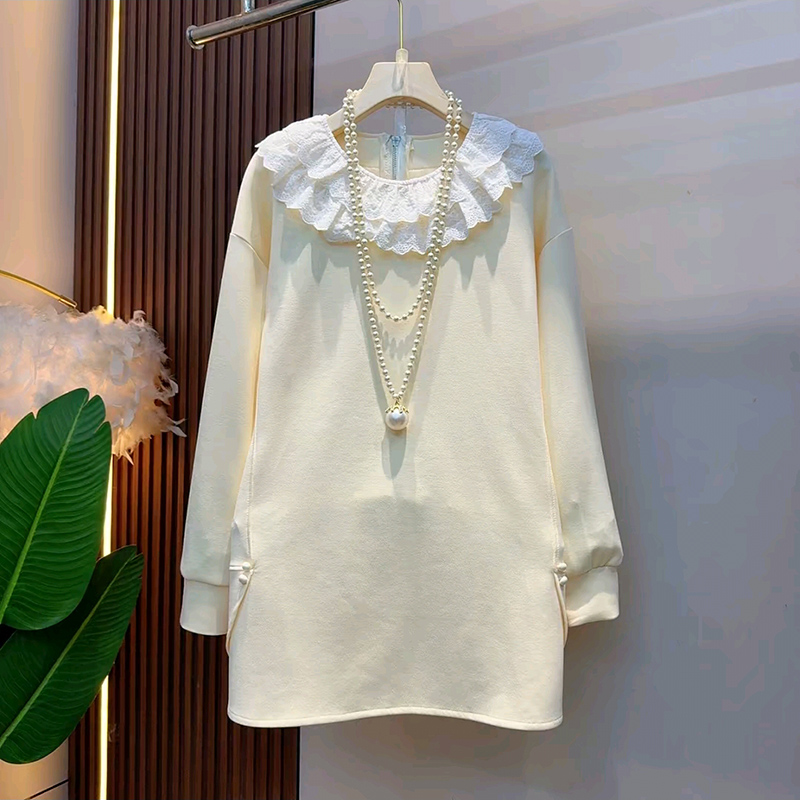 2025秋季新款甜美减龄蕾丝领中长款卫衣大码女装胖mm遮肉显瘦大衫 - 图0