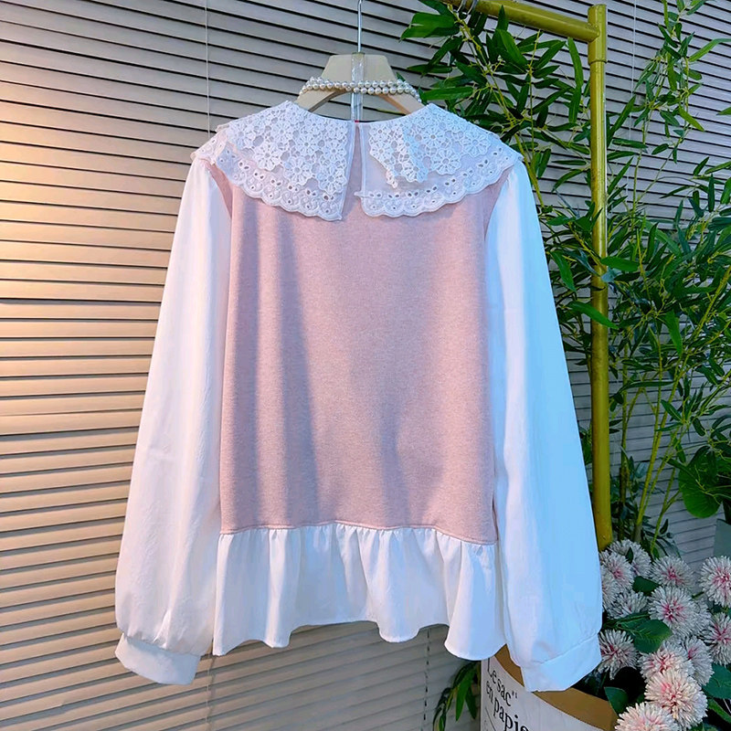娃娃领大码女装小衫2026春季新款拼接系绳上衣胖mm显瘦纽扣开衫潮,淘宝优惠券,粉丝福利购,淘宝优惠卷