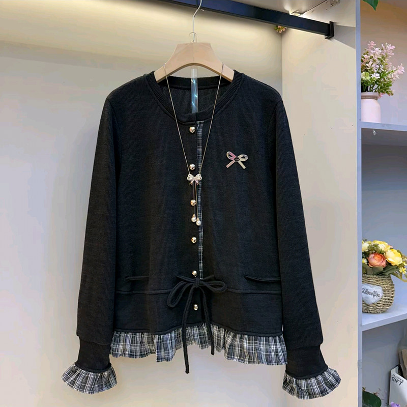 胖妹妹大码女装春季2026新款欧货设计款拼接网格底摆抽绳洋气开衫,淘宝优惠券,粉丝福利购,淘宝优惠卷