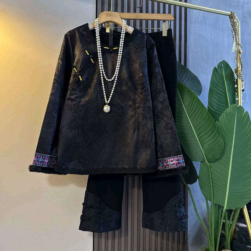 胖妹妹冬季新款大码女装中式国风缎面提花加绒盘扣上衣百搭裤子女,淘宝优惠券,粉丝福利购,淘宝优惠卷