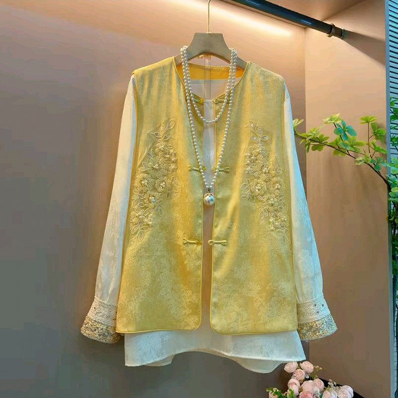 新中式大码女装拼接提花内搭衫2026春季新款刺绣马甲显瘦钉珠马夹,淘宝优惠券,粉丝福利购,淘宝优惠卷