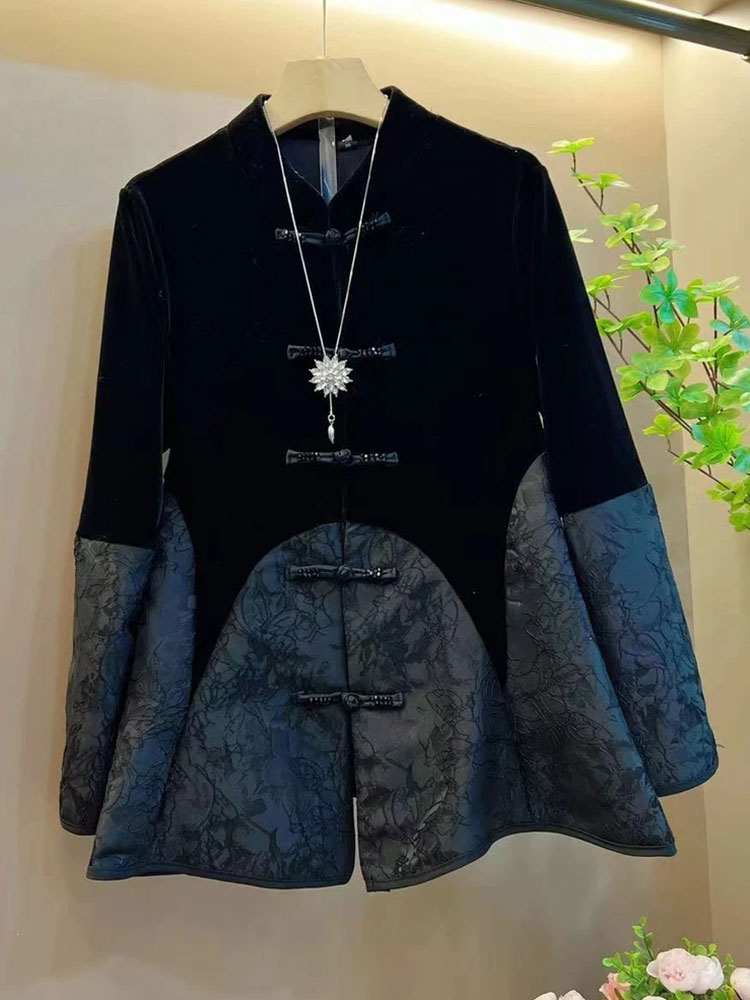 胖妹妹大码女装新款中式国潮圆领丝绒拼接盘扣设计洋气百搭上衣女,淘宝优惠券,粉丝福利购,淘宝优惠卷