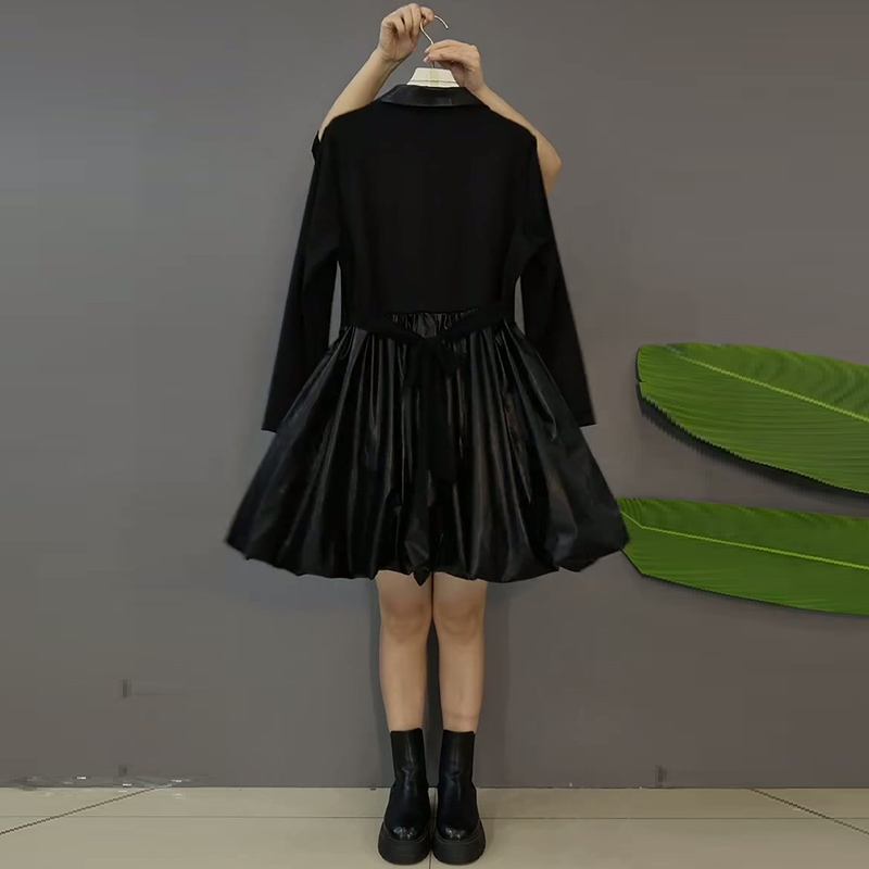 2025冬季新款西服领连衣裙遮肚大码女装拼接裙子洋气显瘦小黑裙潮 - 图2