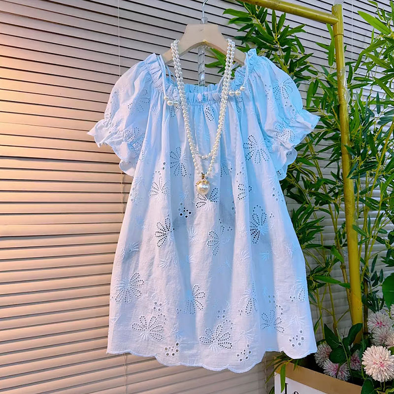 胖妹妹大码女装2025夏季新款衬衫木耳花边一字肩镂空刺绣甜美上衣
