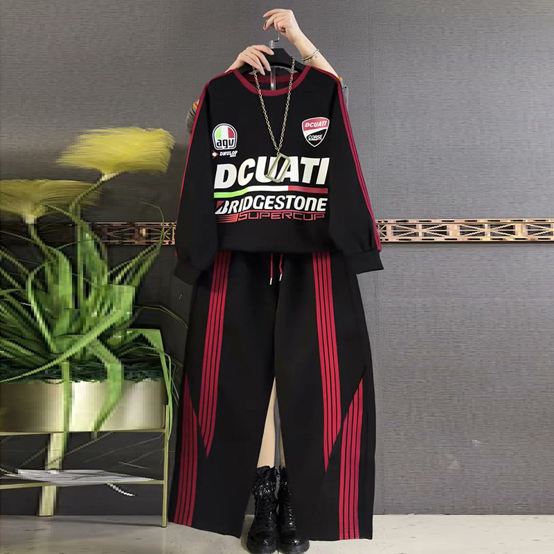 大码女装字母条纹拼色卫衣套装运动风显瘦新款上衣裤子时尚两件套,淘宝优惠券,粉丝福利购,淘宝优惠卷