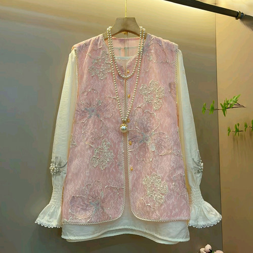 胖mm大码女装春季2026新款新中式重工刺绣钉珠气质盘扣马甲打底衫 - 图0