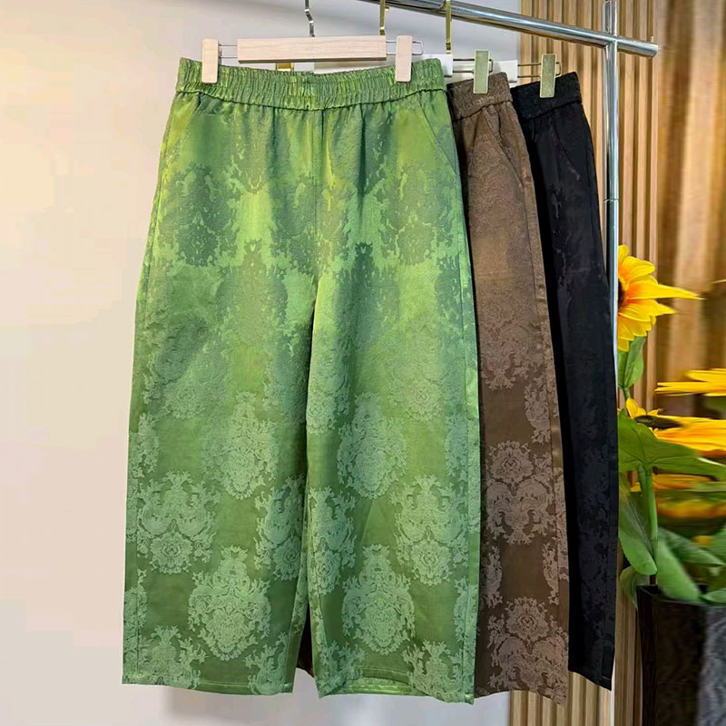 胖MM新款大码女装韩版宽松时尚高级轻奢休闲中裤提花百搭阔腿裤子 - 图0