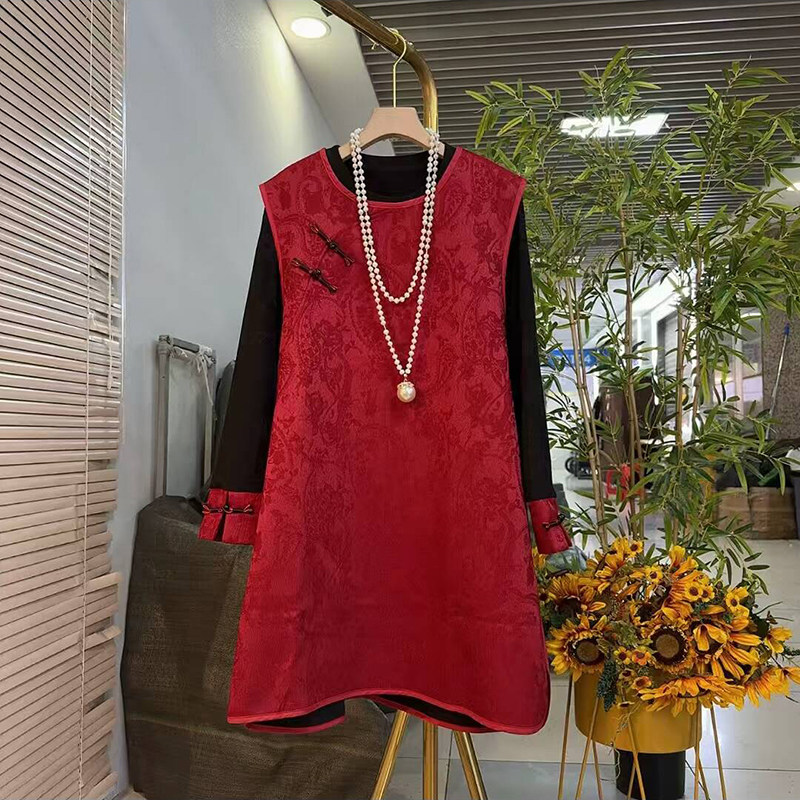 冬季新款国潮风加绒暗花马甲裙大码女装胖mm百搭显瘦打底衫两件套,淘宝优惠券,粉丝福利购,淘宝优惠卷