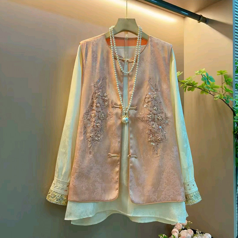 新中式大码女装拼接提花内搭衫2026春季新款刺绣马甲显瘦钉珠马夹,淘宝优惠券,粉丝福利购,淘宝优惠卷