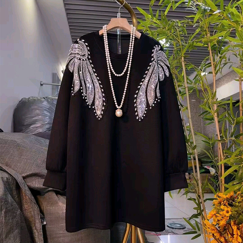 新款大码女装重工披肩钉珠亮片翅膀长袖上衣胖妹妹时髦百搭打底衫,淘宝优惠券,粉丝福利购,淘宝优惠卷