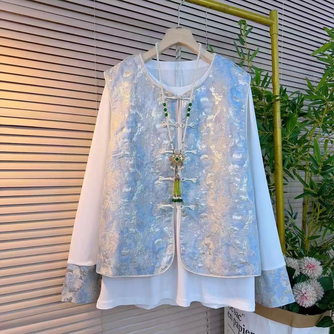 复古风套装胖妹妹2025大码女装春季新品提花盘扣马甲打底衫两件套,淘宝优惠券,粉丝福利购,淘宝优惠卷