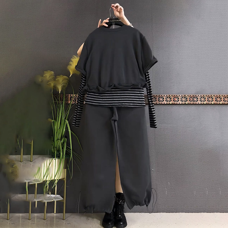 胖mm春季新款大码女装时尚假两件马图拼接条纹上衣松紧腰裤子套装,淘宝优惠券,粉丝福利购,淘宝优惠卷