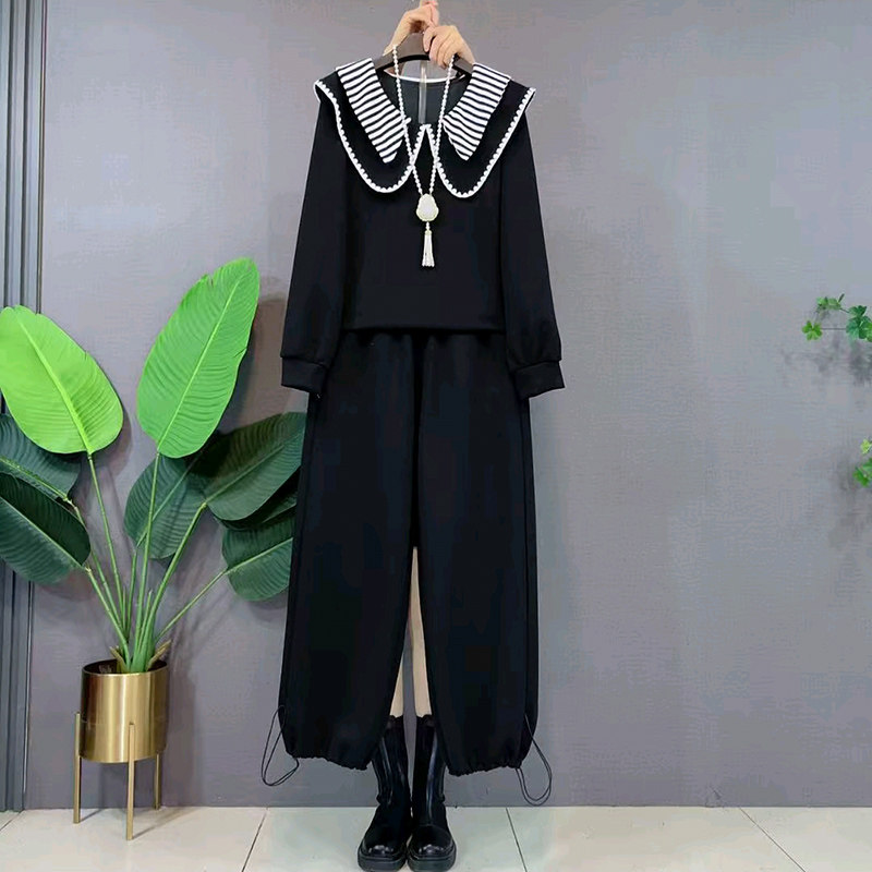 大码女装条纹娃娃领卫衣阔腿裤两件套韩版显瘦上衣休闲裤子套装潮,淘宝优惠券,粉丝福利购,淘宝优惠卷