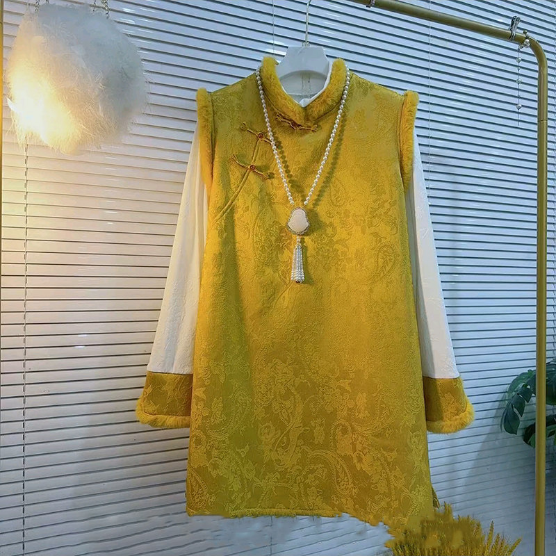 新中式大码女装盘扣马甲裙国风拼接打底衫两件套2025新款复古套装,淘宝优惠券,粉丝福利购,淘宝优惠卷