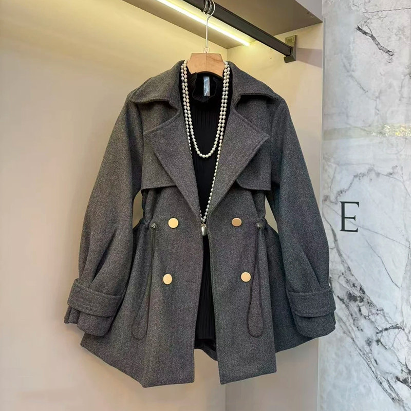 秋季新款西装领抽绳收腰毛呢加棉保暖外套大码女装胖mm高级感上衣,淘宝优惠券,粉丝福利购,淘宝优惠卷