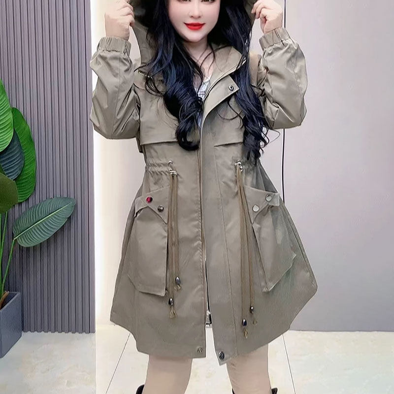 2025春季新款韩版收腰显瘦风衣遮肉连帽外套上衣大码女装胖MM宽松,淘宝优惠券,粉丝福利购,淘宝优惠卷