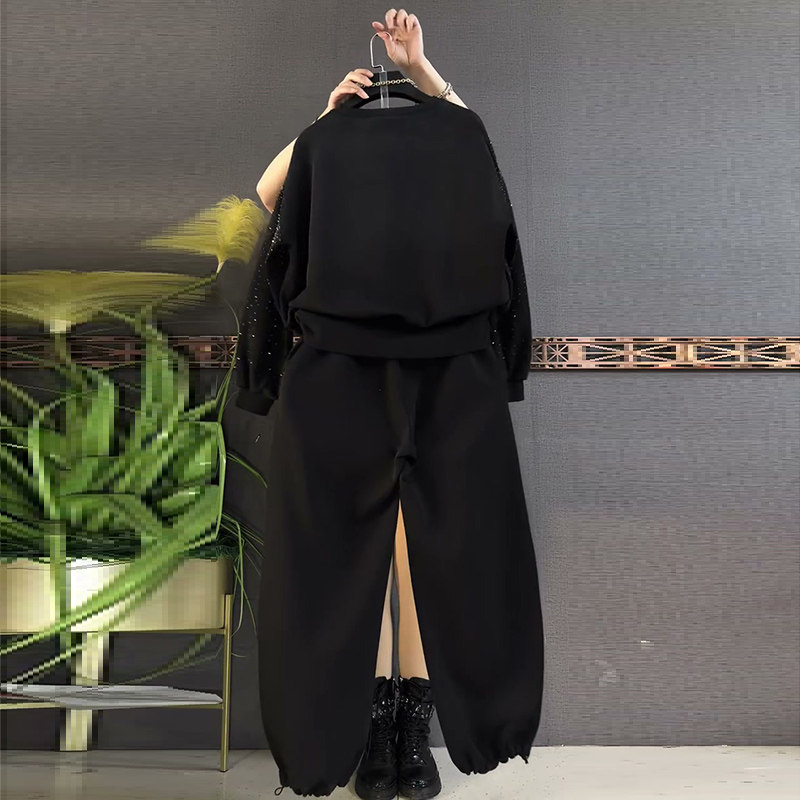 胖mm显瘦大码女装烫钻上衣裤子两件套2026春季新款卫衣卫裤套装潮,淘宝优惠券,粉丝福利购,淘宝优惠卷