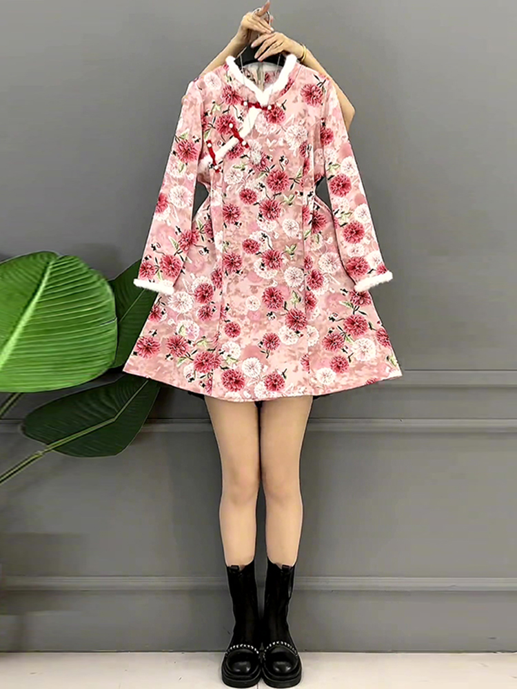 胖妹妹2022秋冬新款大码女装国风旗袍裙高端显瘦加绒连衣裙国潮 - 图1