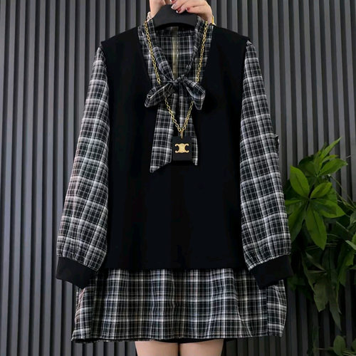 韩版时尚设计感格纹拼接假两件显瘦长袖上衣大衫新款胖mm大码女装 - 图0