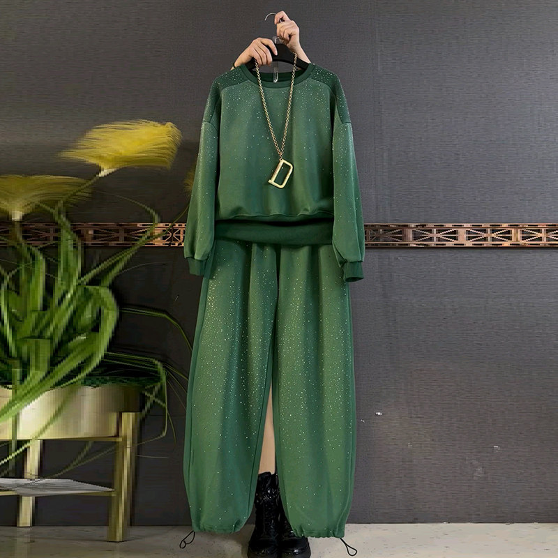 胖mm显瘦大码女装烫钻上衣裤子两件套2026春季新款卫衣卫裤套装潮,淘宝优惠券,粉丝福利购,淘宝优惠卷