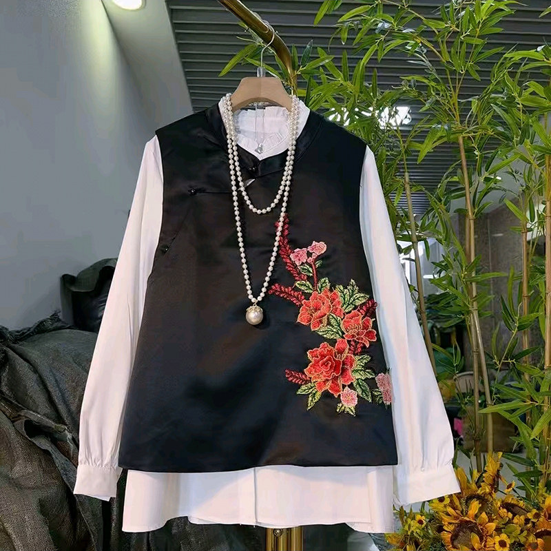 国风重工珠花马甲两件套宽松大码女装刺绣亮片马夹百搭打底衫套装,淘宝优惠券,粉丝福利购,淘宝优惠卷