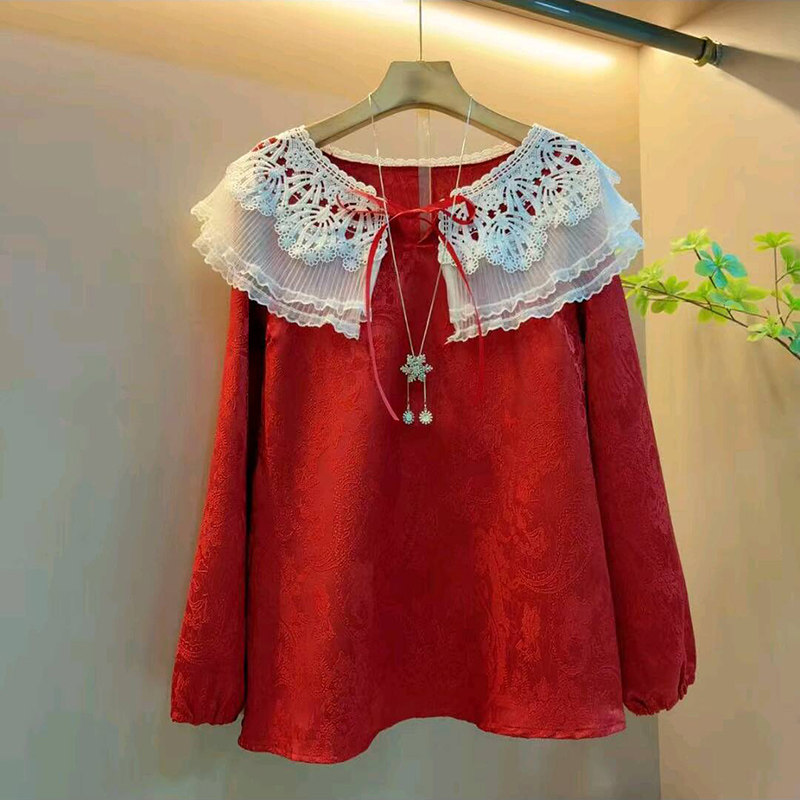 新款韩版时尚洋气双层蕾丝娃娃领气质上衣大码女装胖mm遮肉长袖衫,淘宝优惠券,粉丝福利购,淘宝优惠卷