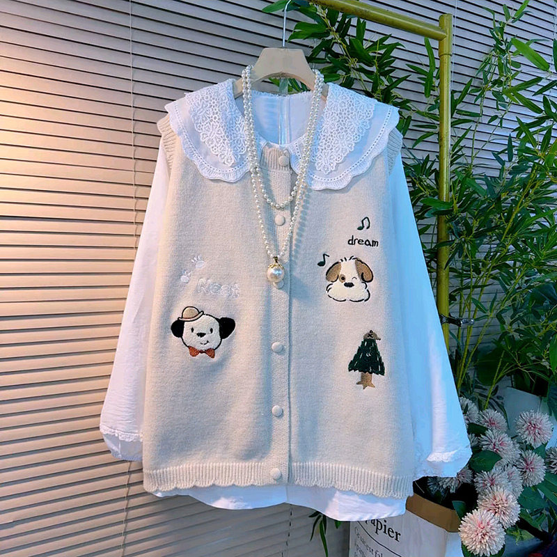 减龄卡通刺绣遮肉针织马甲胖妹妹甜美娃娃领长袖衬衫新款大码女装,淘宝优惠券,粉丝福利购,淘宝优惠卷